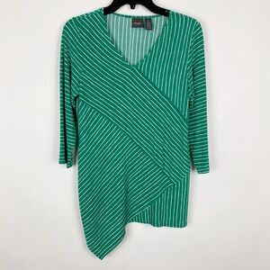 Travelers by Chico's Green White Stripe Asymmetrical Hem V Neck Tunic Top Size S